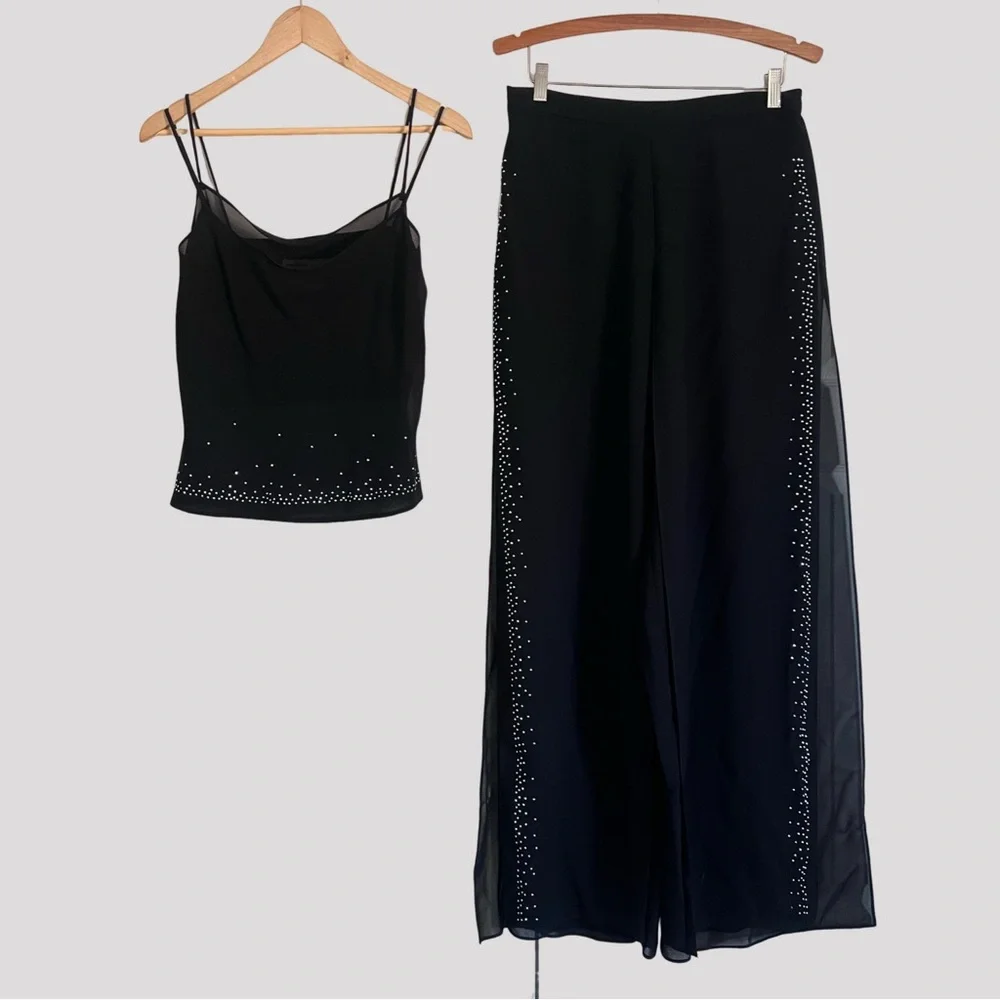 Vintage Betsy & Adam 2 Piece Set Semi-Sheer Wide Leg Flare Rhinestone Details - Picture 1 of 15